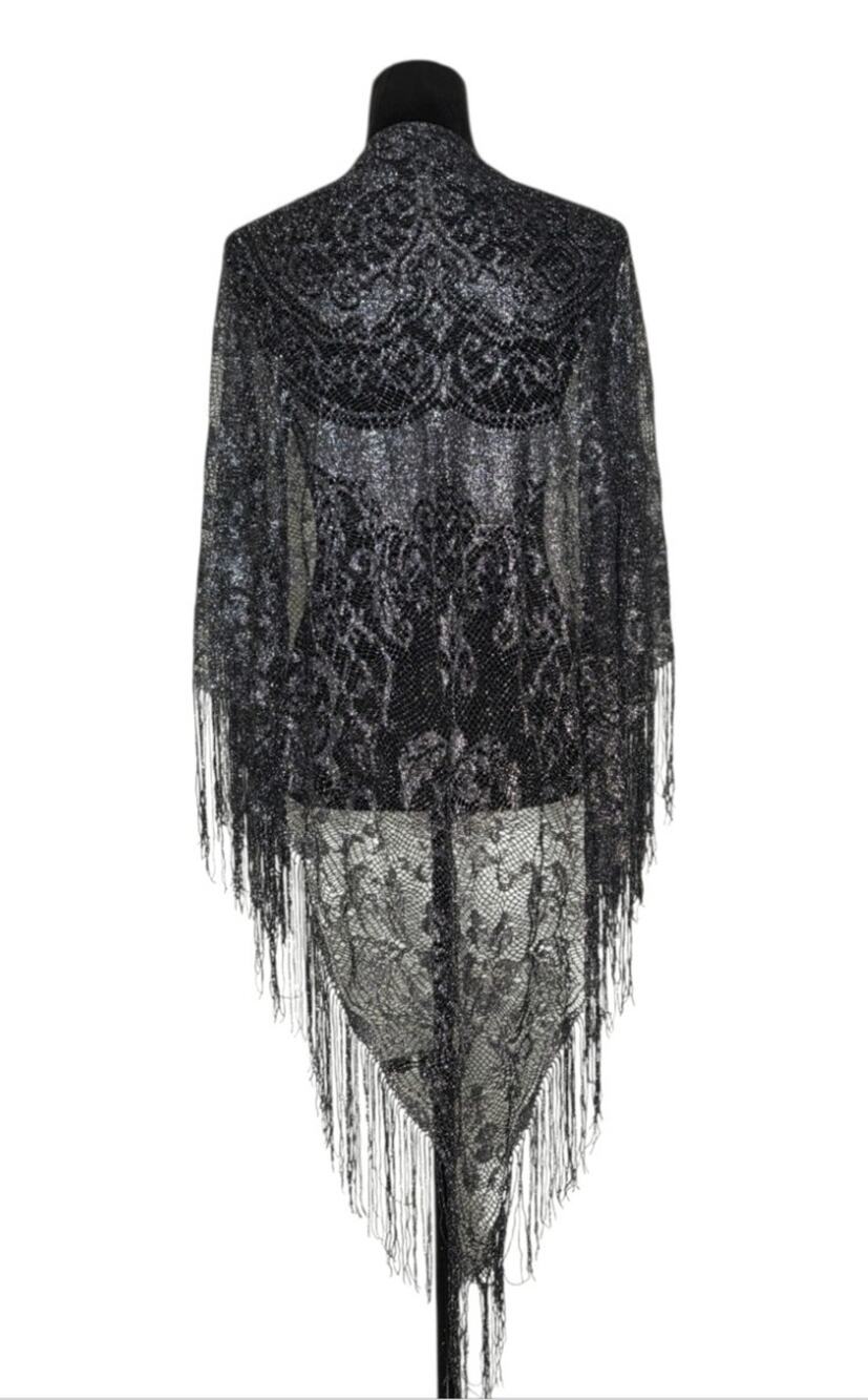 VTG Worthington Metallic Lace Triangle Shawl Floral Fringe Oversized Boho Japan